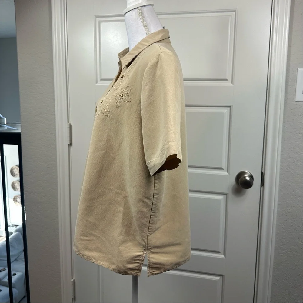 Vintage Alfred Dunner Linen Blend Embroidered Floral Beaded Button Down Size 10P